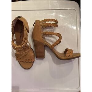 LUCKY BRAND Lameer Ankle Strappy Suede Sandal Beige 3” Block Heel Back Zip 9.5